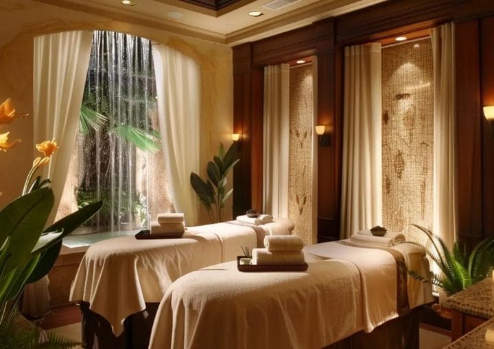 Luxury spa treatment room with calming decor and serene atmosphere