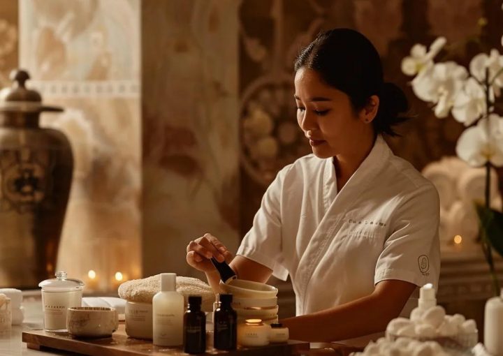 Spa professional preparing a personalized skincare treatment using natural elements