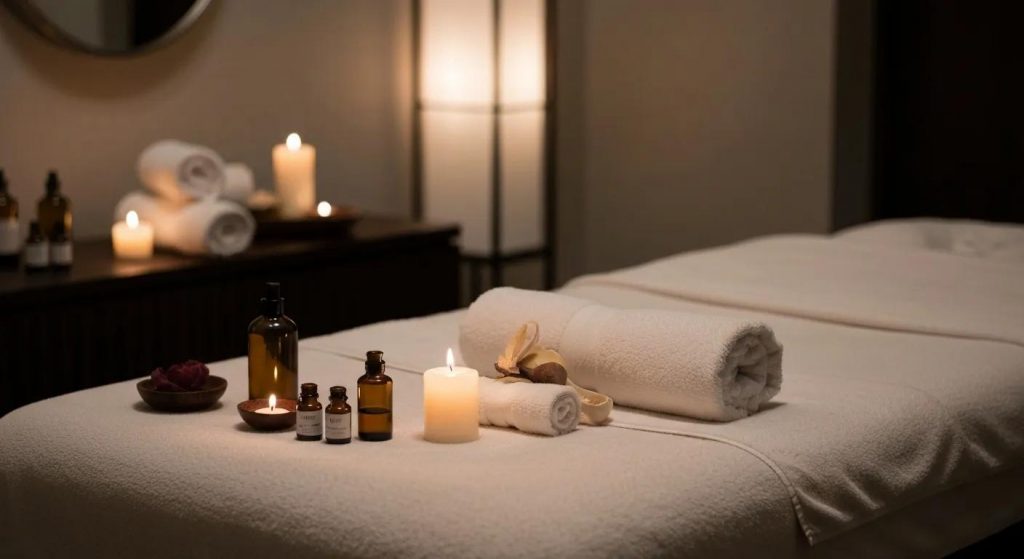Luxurious spa massage setting in Los Angeles with calming decor and essential oils