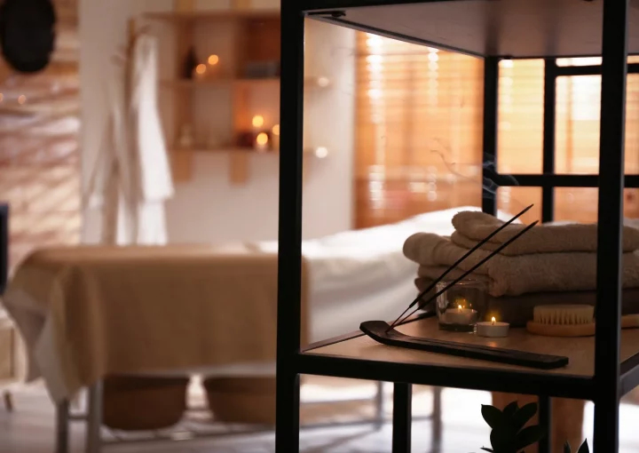 Luxurious massage therapy room in Los Angeles with calming decor and soft lighting