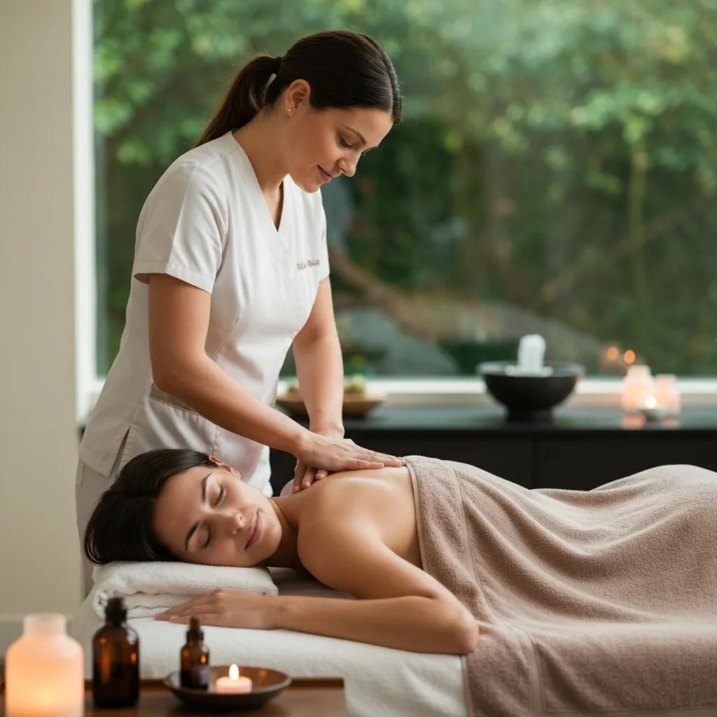 A skilled therapist performing a holistic stress relief massage within a tranquil spa setting