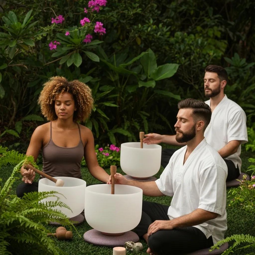 A group sound therapy session set in a tranquil natural environment, promoting holistic well-being.