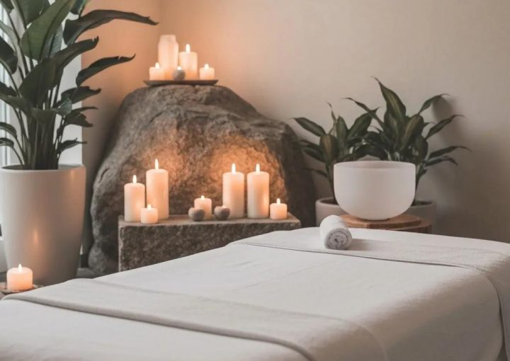 Luxury spa environment with massage table, candles, and calming decor for holistic stress relief