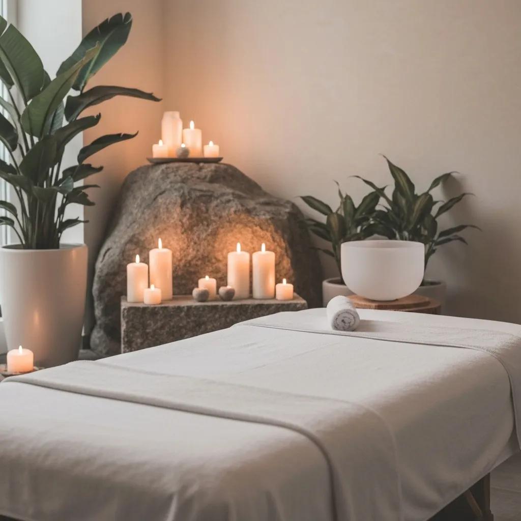 Luxury spa environment with massage table, candles, and calming decor for holistic stress relief