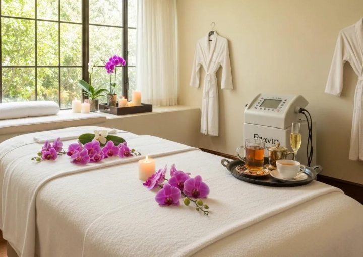 A luxurious private spa room in sun-drenched Woodland Hills, Los Angeles, elegantly decorated for a birthday celebration. A plush massage table draped in white linens sits beside flickering candles, fresh orchid flowers, and a tray with herbal tea and champagne. Natural light pours in through tall windows revealing lush greenery outside. In the background, soft robes hang neatly and a Pravilo Machine hints at unique treatments. The mood is serene, exclusive, and celebratory — perfect for a high-end birthday spa day