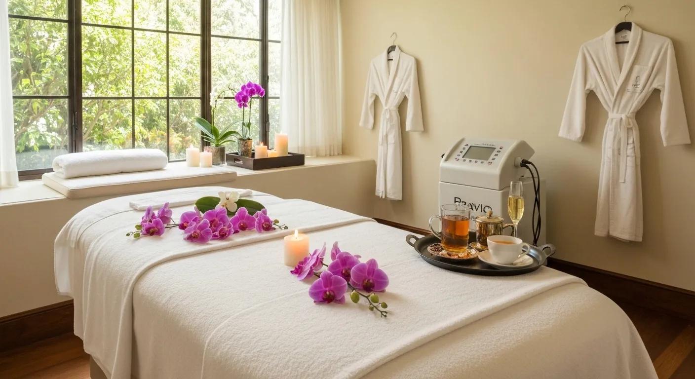 A luxurious private spa room in sun-drenched Woodland Hills, Los Angeles, elegantly decorated for a birthday celebration. A plush massage table draped in white linens sits beside flickering candles, fresh orchid flowers, and a tray with herbal tea and champagne. Natural light pours in through tall windows revealing lush greenery outside. In the background, soft robes hang neatly and a Pravilo Machine hints at unique treatments. The mood is serene, exclusive, and celebratory — perfect for a high-end birthday spa day