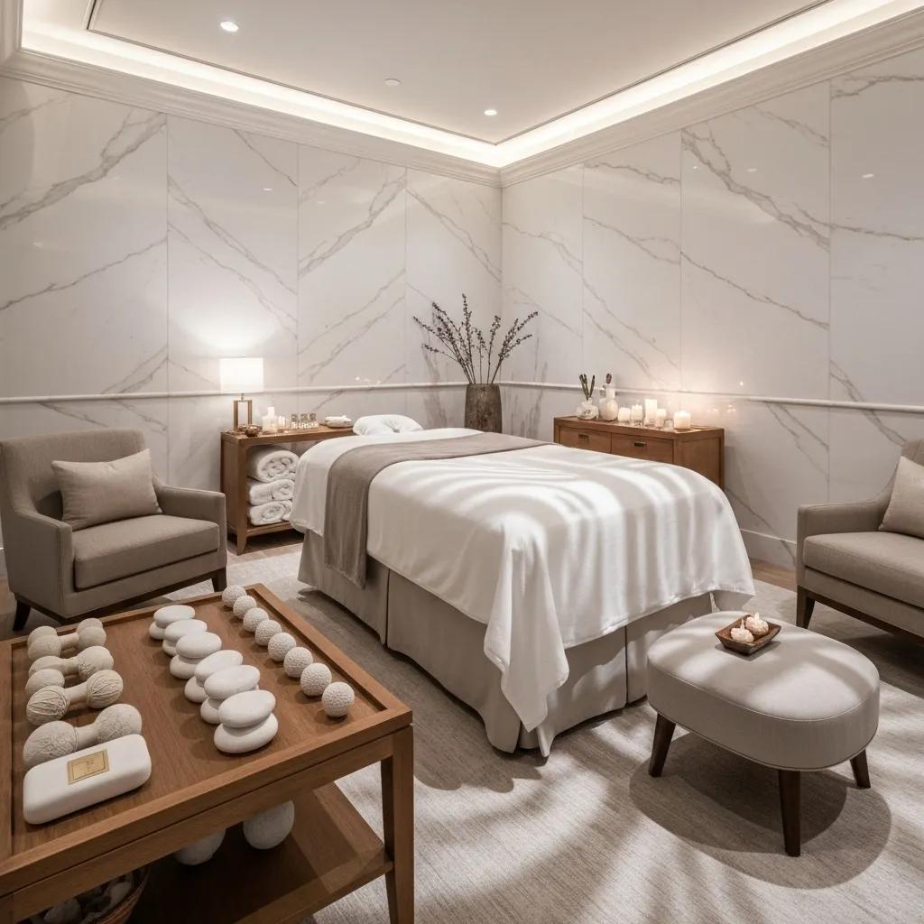 An opulent spa treatment room equipped with massage instruments and aromatherapy oils, indicative of premium services