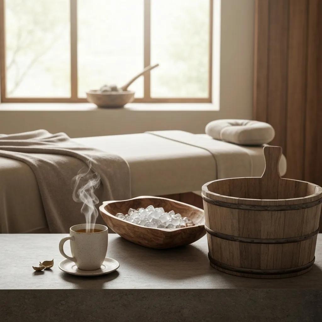 Components of the Rebirth Spa Package including massage table, herbal tea, and sauna elements