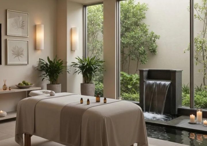Luxurious spa setting with massage table, candles, and calming decor in Los Angeles