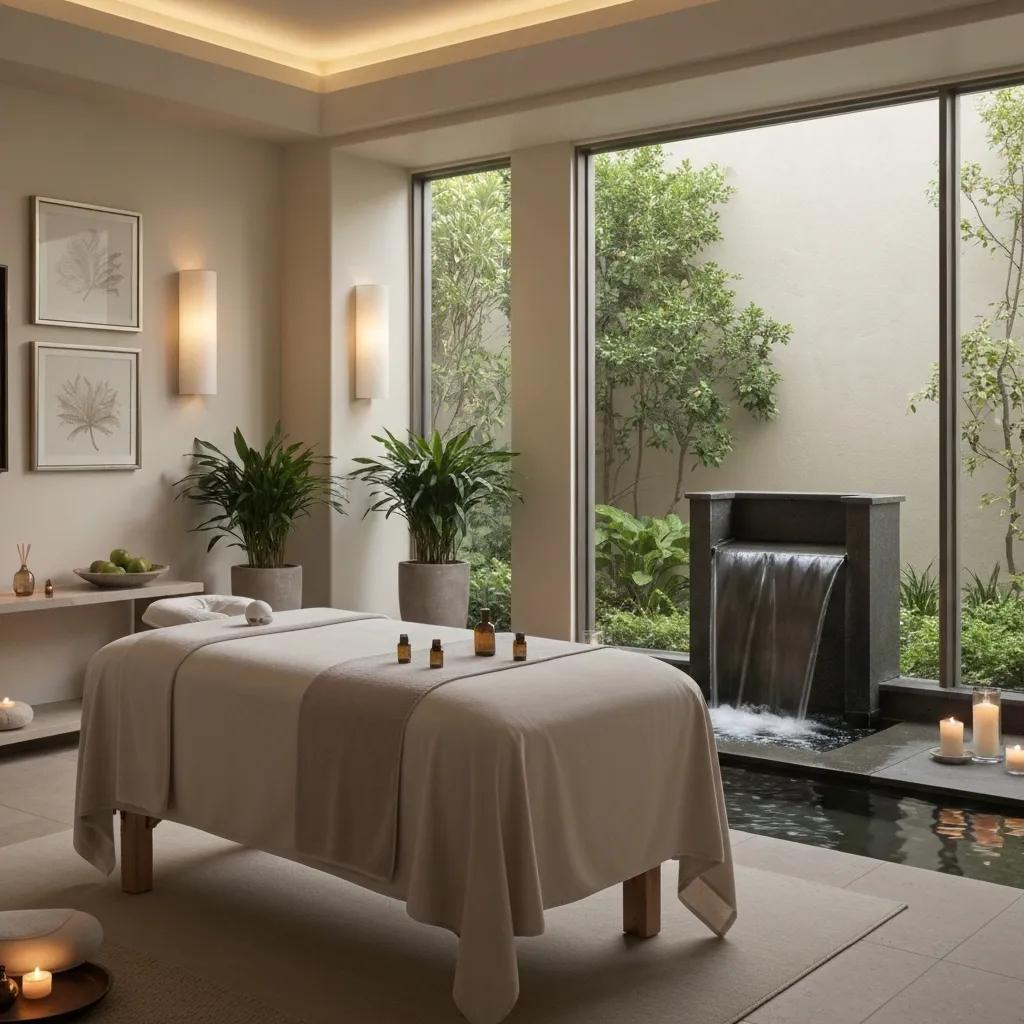 Luxurious spa setting with massage table, candles, and calming decor in Los Angeles
