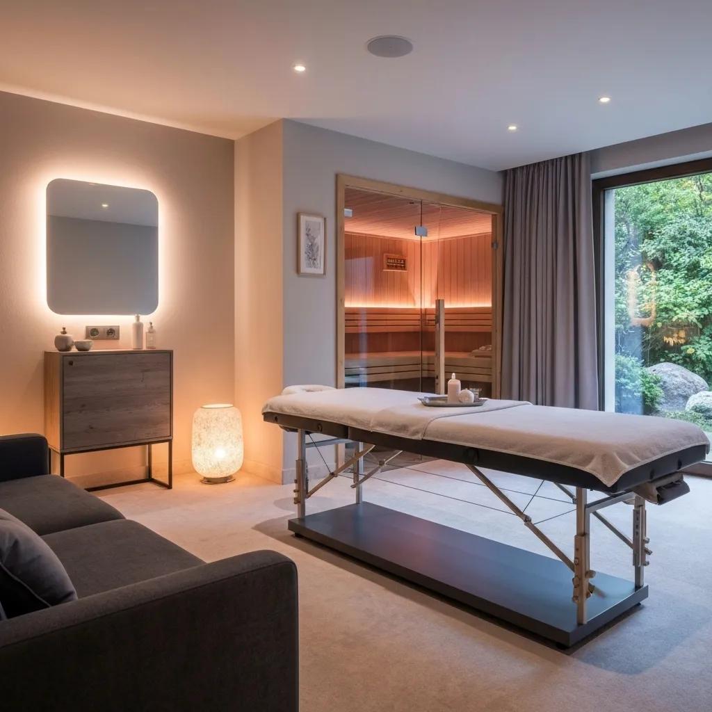 An intimate spa suite showcasing a massage table and elegant decor for a private experience