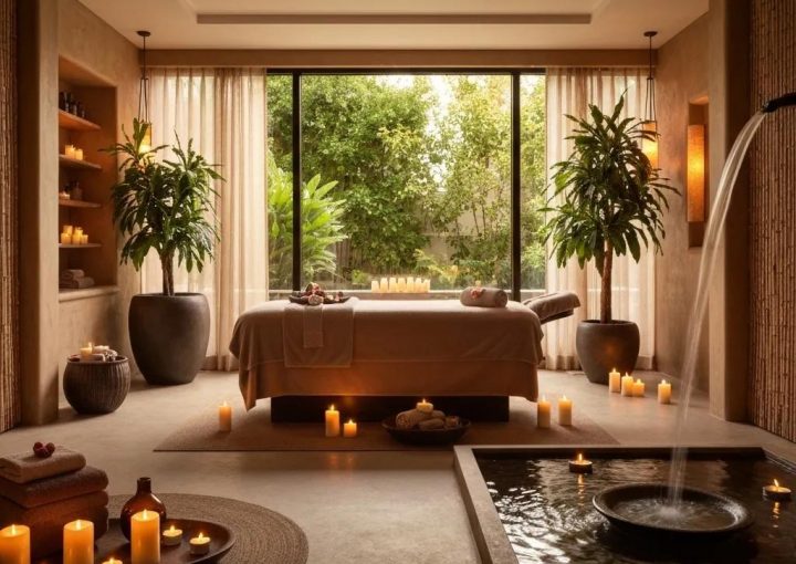 Luxury spa massage setting with a massage table, candles, and calming decor in Los Angeles