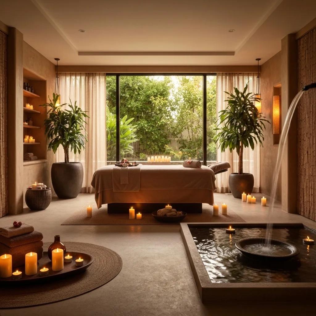 Luxury spa massage setting with a massage table, candles, and calming decor in Los Angeles