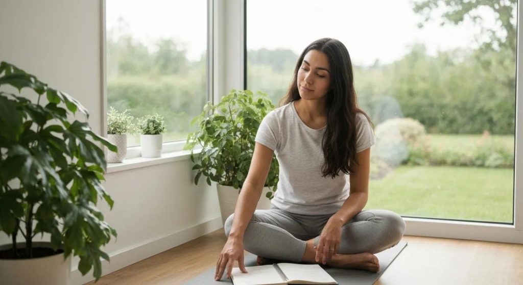 Individual thoughtfully assessing personal wellness goals in a serene environment