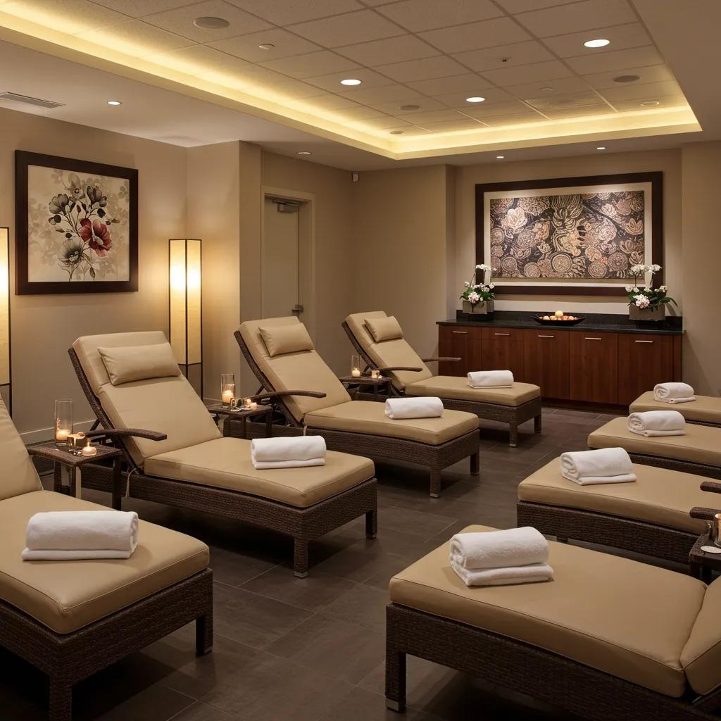 Inviting relaxation lounge with plush seating and serene decor for spa guests