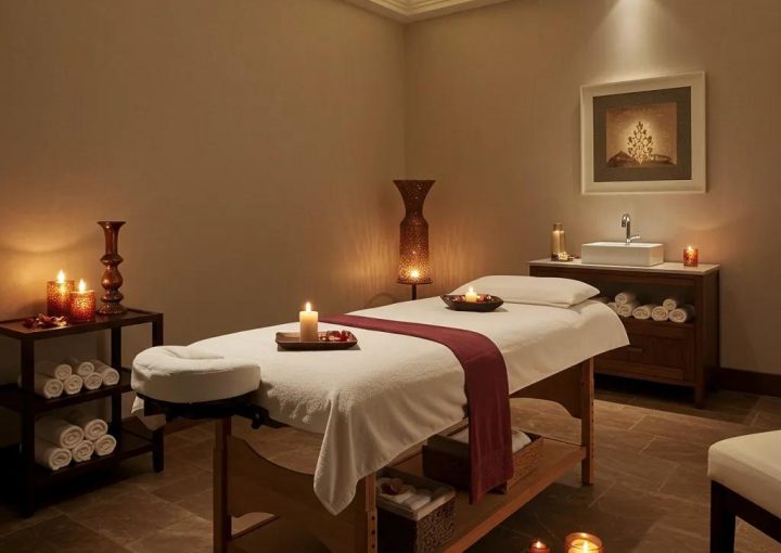 Serene luxury spa massage room with tranquil decor and calming ambiance