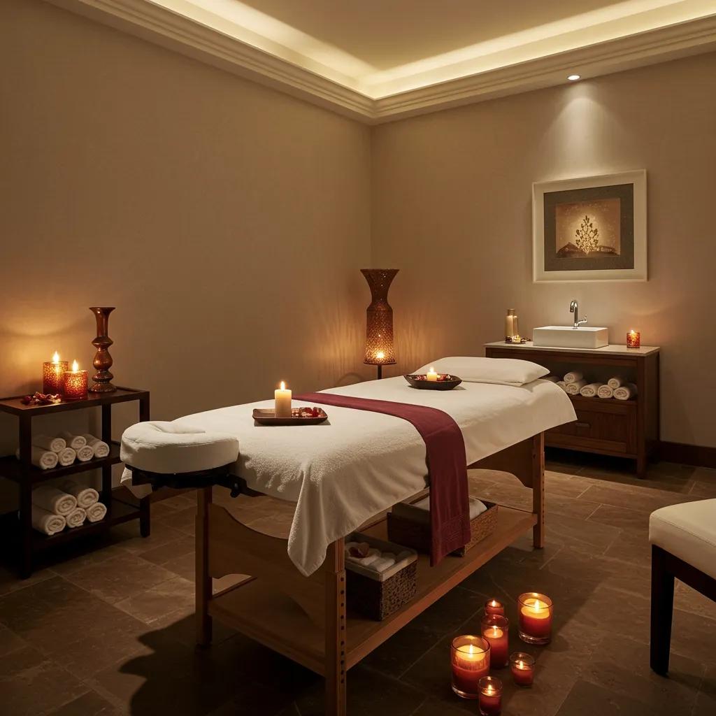 Serene luxury spa massage room with tranquil decor and calming ambiance