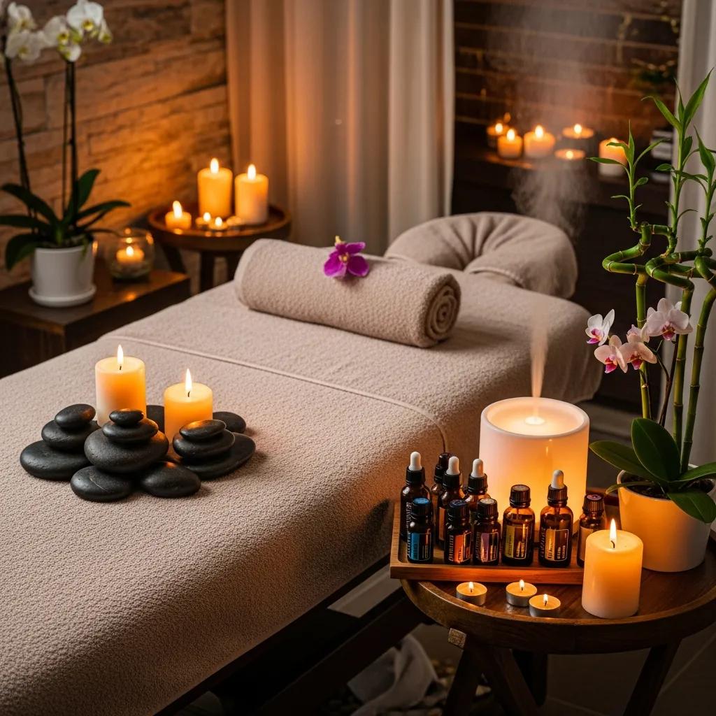 Luxurious aromatherapy spa setting with essential oils and calming ambiance