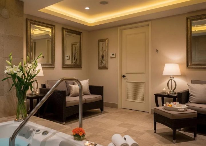 Intimate luxury spa interior in Woodland Hills, warm lighting and calm seating for private retreats