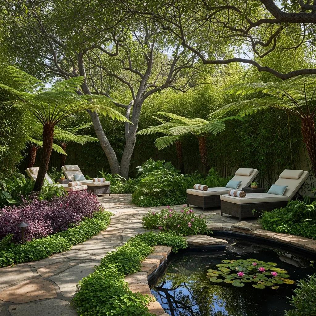Secluded garden and quiet outdoor area at a private Woodland Hills wellness retreat, emphasizing privacy and calm