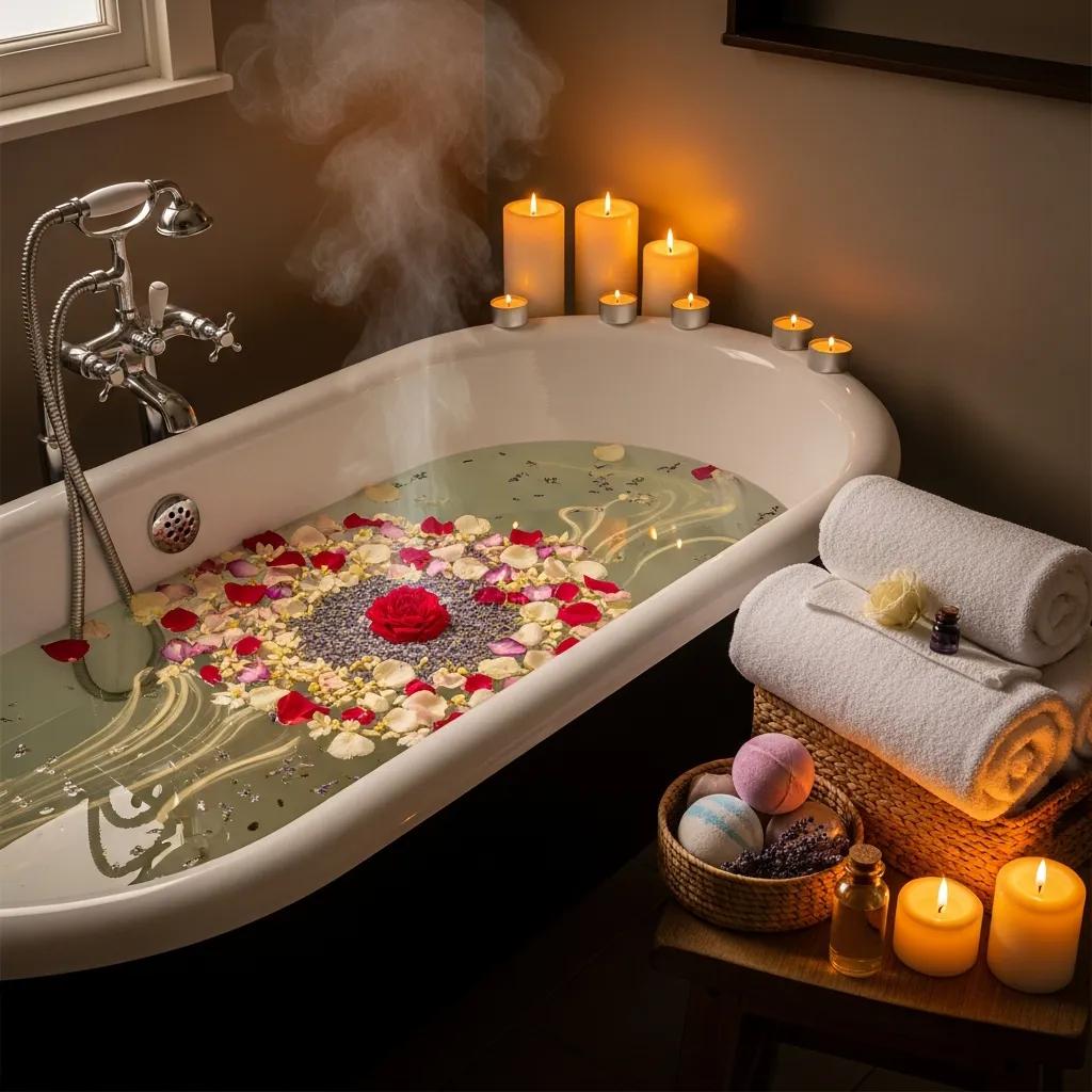 Calm, therapeutic bath scene with essential oils and soft candles ready for a restorative experience