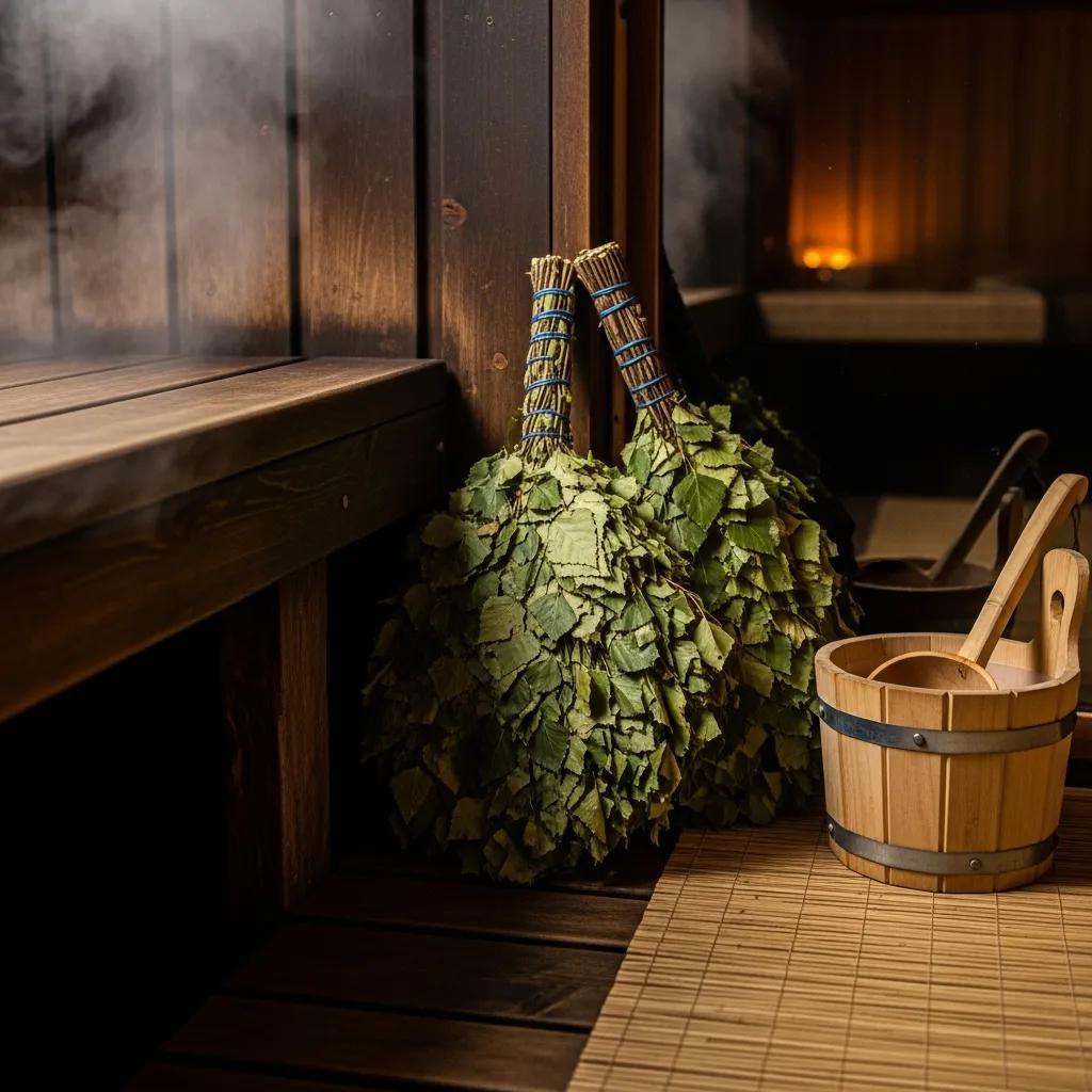 Slavic wellness elements: Russian Banya, venik brooms and ritual tools in a calm, restorative space