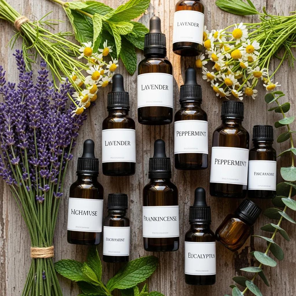 Array of essential oil bottles with fresh herbs and flowers, arranged for emotional-balance blends