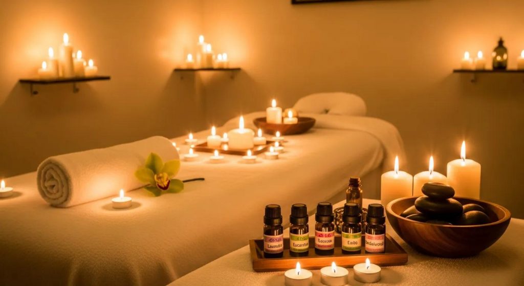 Spa scene with a massage table, soft candles and essential oils in warm light