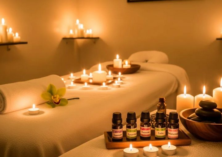 Spa scene with a massage table, soft candles and essential oils in warm light