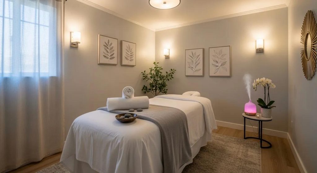 Calm treatment room in Los Angeles with soft lighting and a prepared massage table