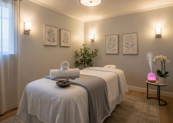 Calm treatment room in Los Angeles with soft lighting and a prepared massage table