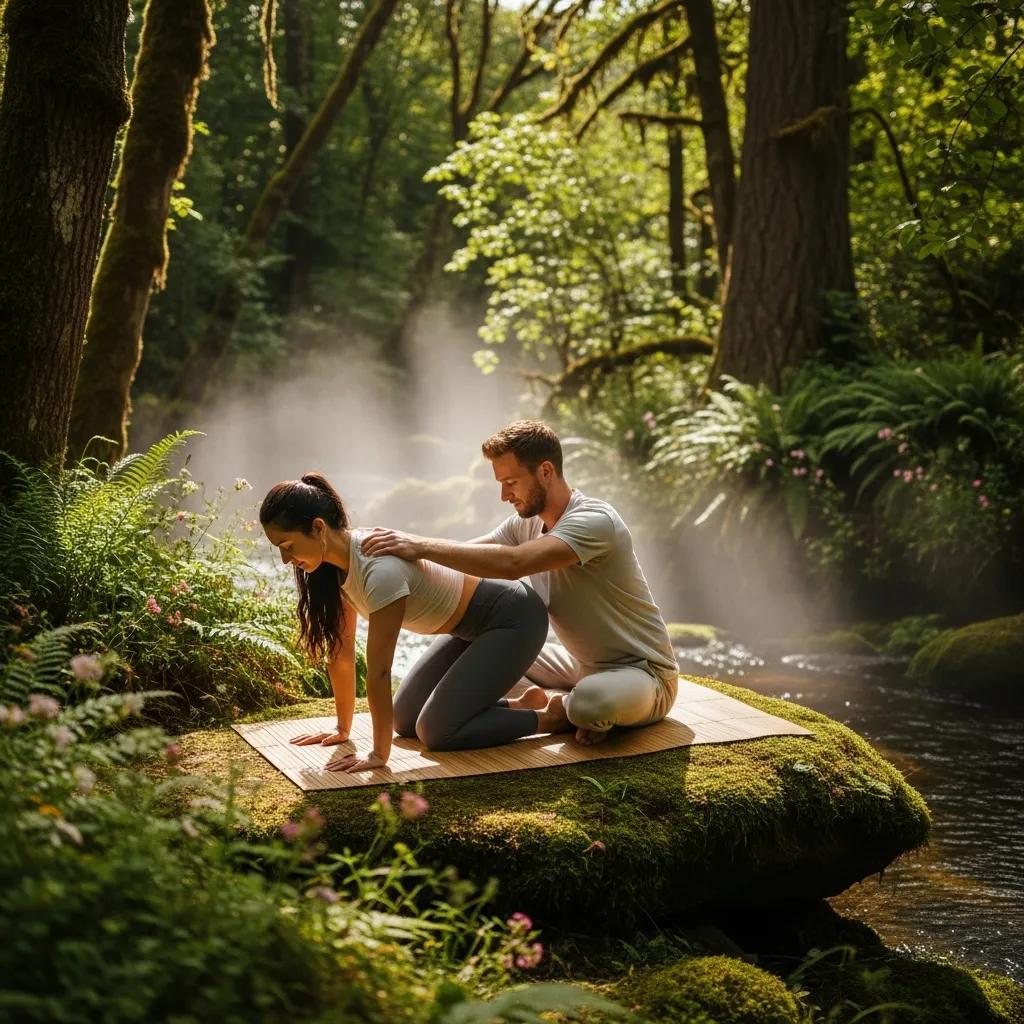 Couple participating in a guided mindfulness activity during a holistic wellness retreat outdoors