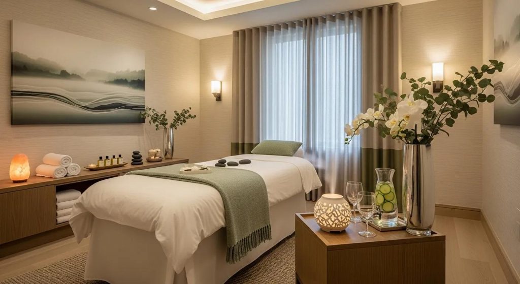 Luxury spa treatment room with calming decor and wellness elements