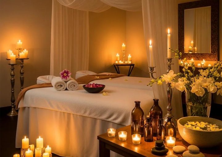 Luxury couples spa experience with massage table, candles, and flowers in a serene setting