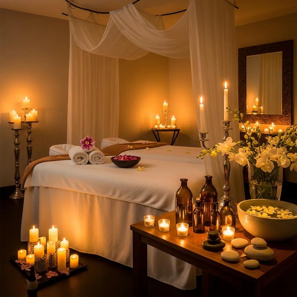 Luxury couples spa experience with massage table, candles, and flowers in a serene setting