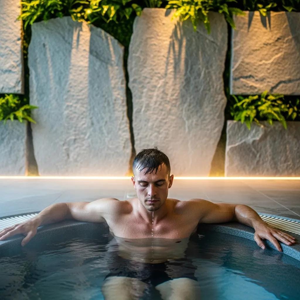 Athlete using a cold plunge pool as part of a structured recovery protocol in a modern spa setting