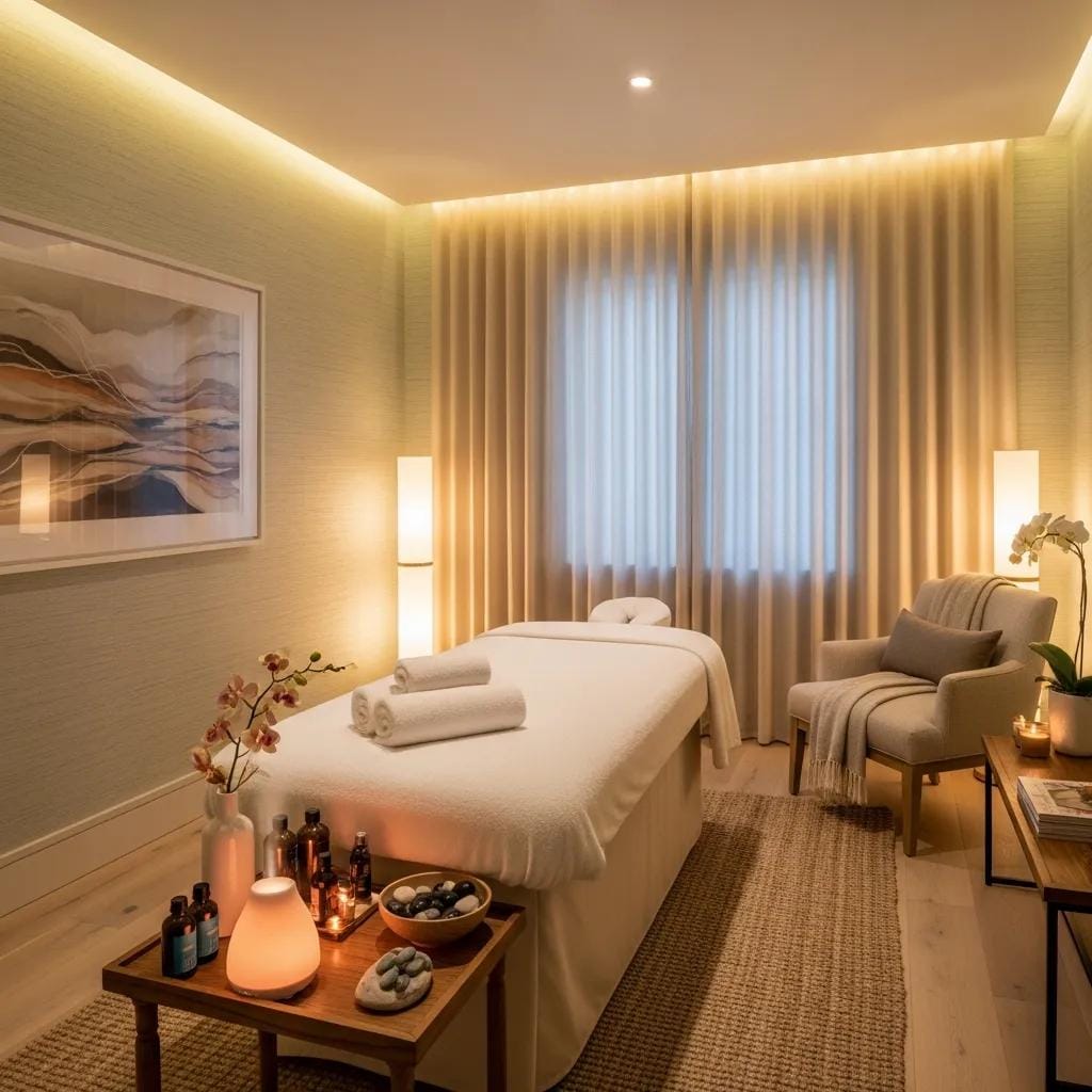 interior of house of sun spa showcasing a private treatment room with calming decor and wellness products d51342a8 e261 430e a7eb 5afedd6423ba