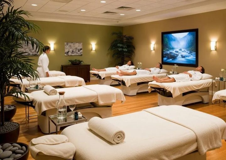 Luxury spa environment designed for athlete recovery with massage tables and calming decor