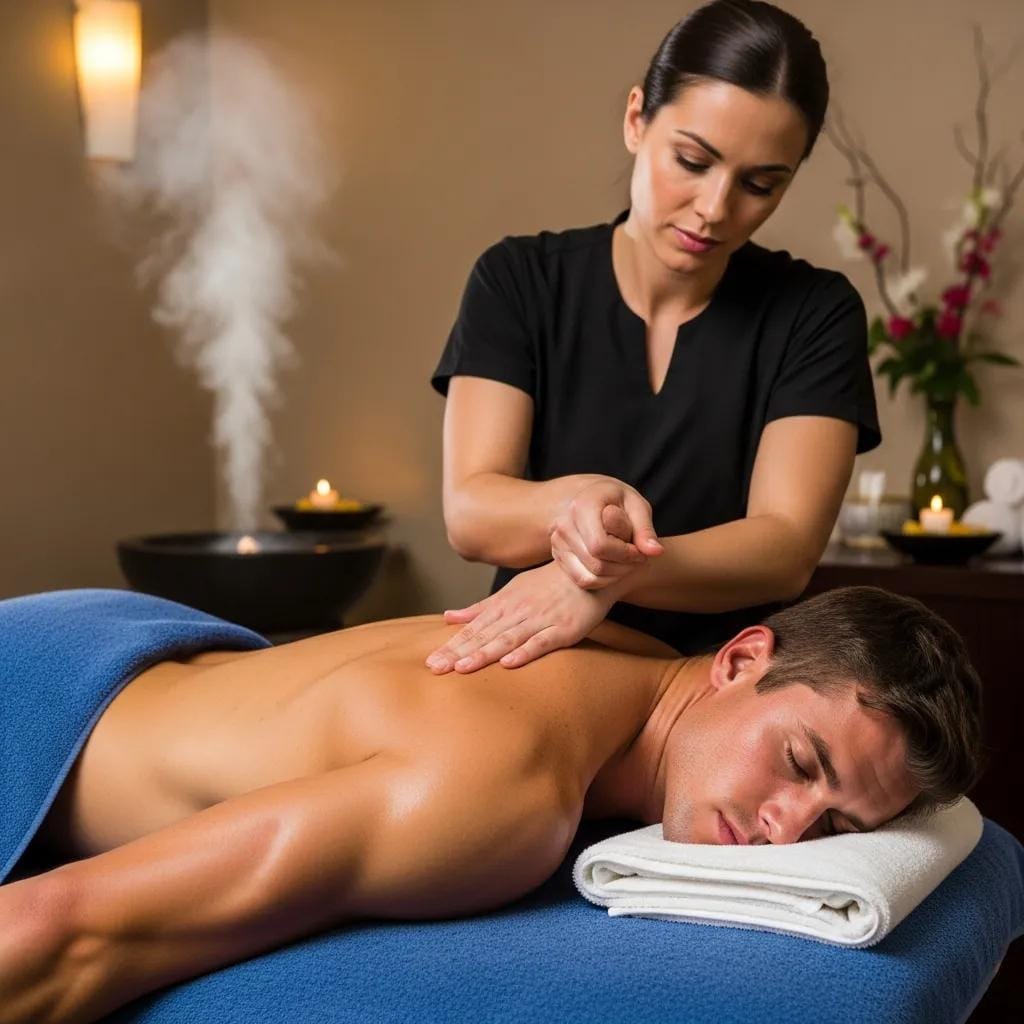 Therapist delivering a focused deep tissue massage to an athlete in a refined spa room