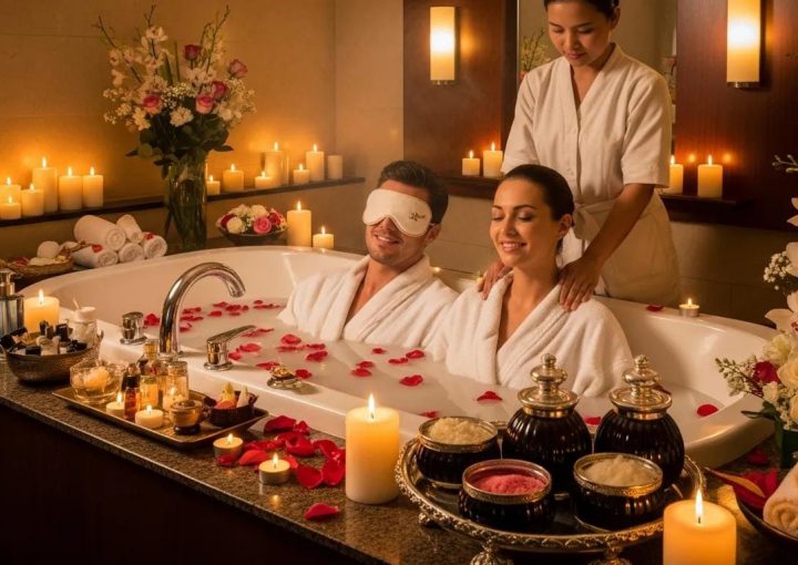 Couple enjoying a private spa experience with candles and luxurious treatments for relaxation