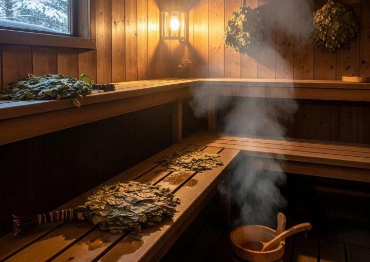 Interior of a traditional Russian Banya with steam, wooden benches, and venik broom