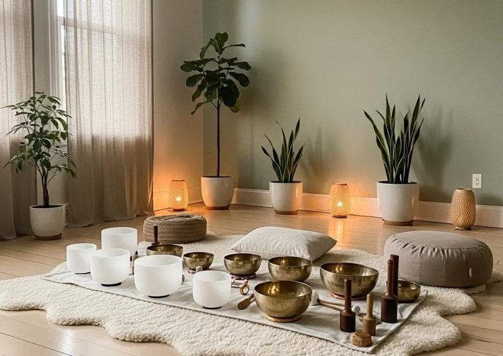Luxurious sound healing setup with singing bowls in a tranquil environment