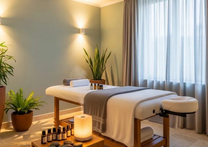 Relaxing spa environment with massage table and calming decor promoting sleep and stress relief