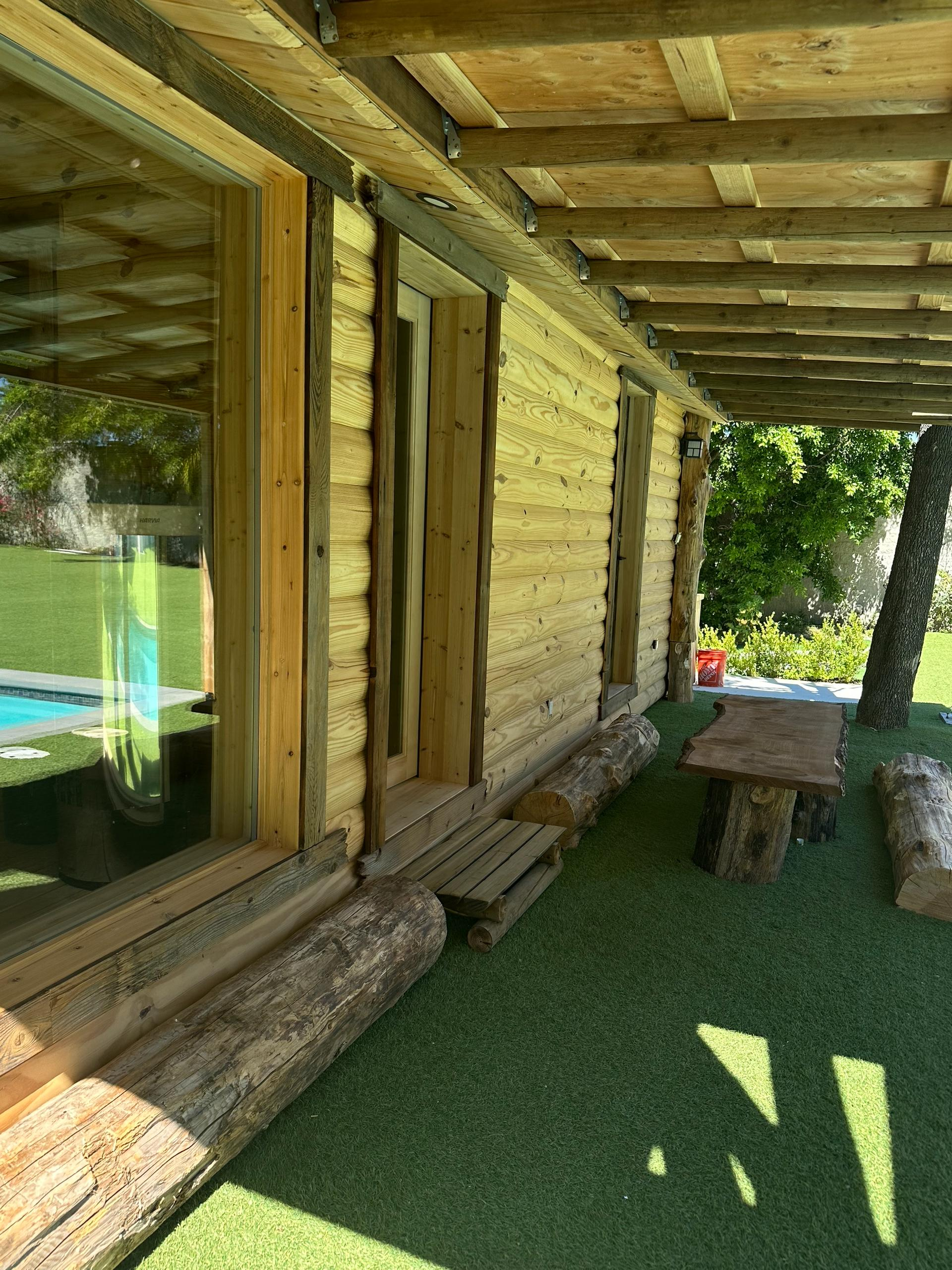 Outdoor sauna spa in Woodland Hills with wooden cabin and relaxation area