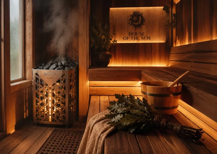 Cozy sauna retreat with soft amber glow