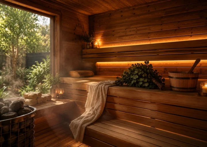 Cozy wood lined sauna with natural light