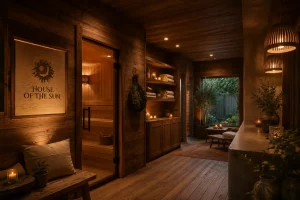 Luxury wooden sauna interior at House of Sun wellness spa in Woodland Hills