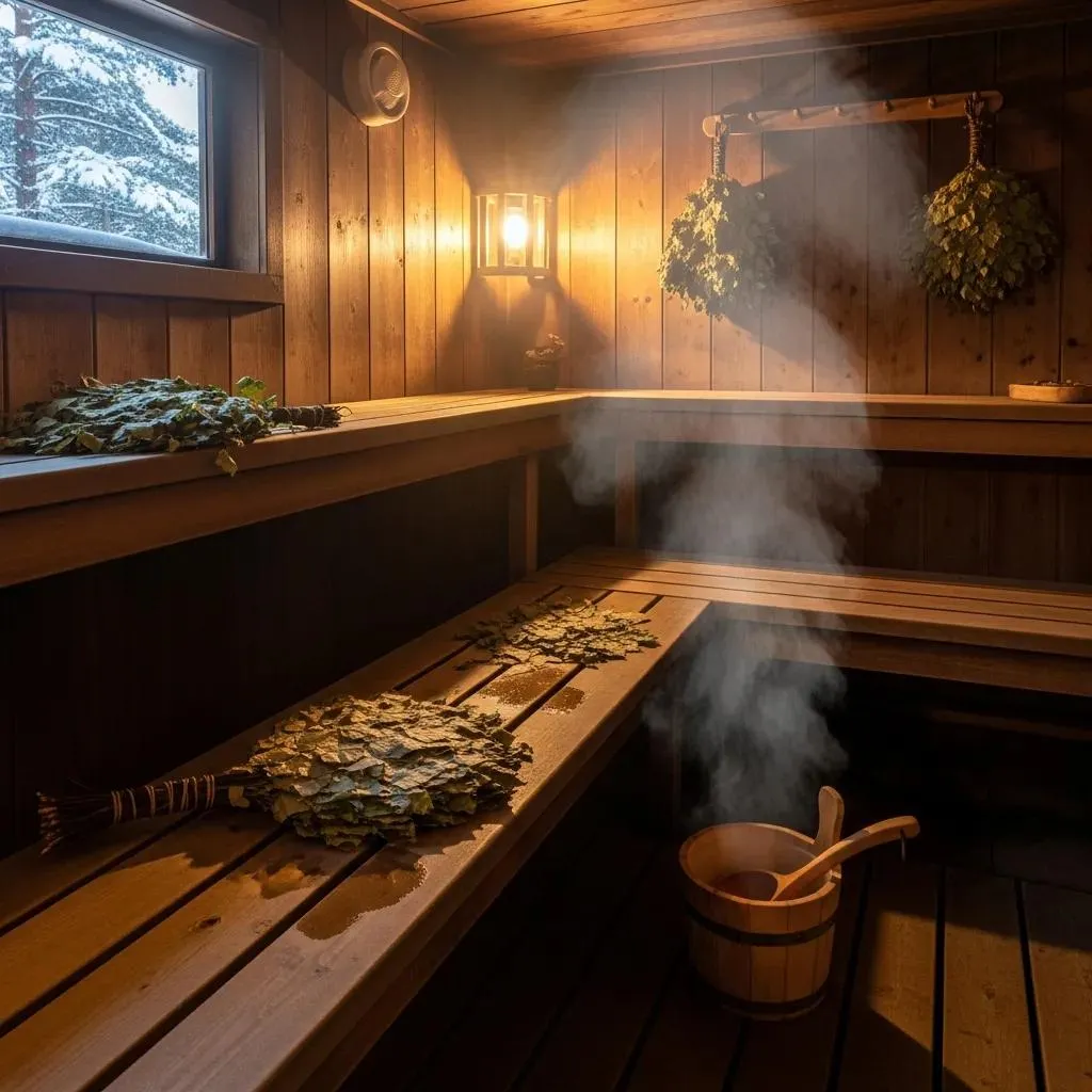 interior of a traditional russian banya with steam wooden benches and venik broom 35d4befd d199 404d a915 70938cf15f4e Luxury steam sauna in Woodland Hills at House of Sun offers restorative heat therapy for muscle recovery, detox, and deep relaxation.
