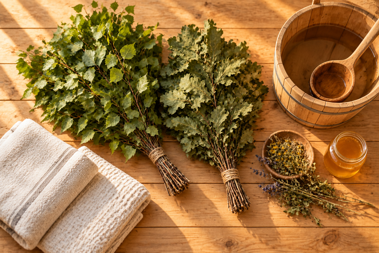 Birch and oak venik bundles, a wooden bucket and folded towels laid out for a banya session