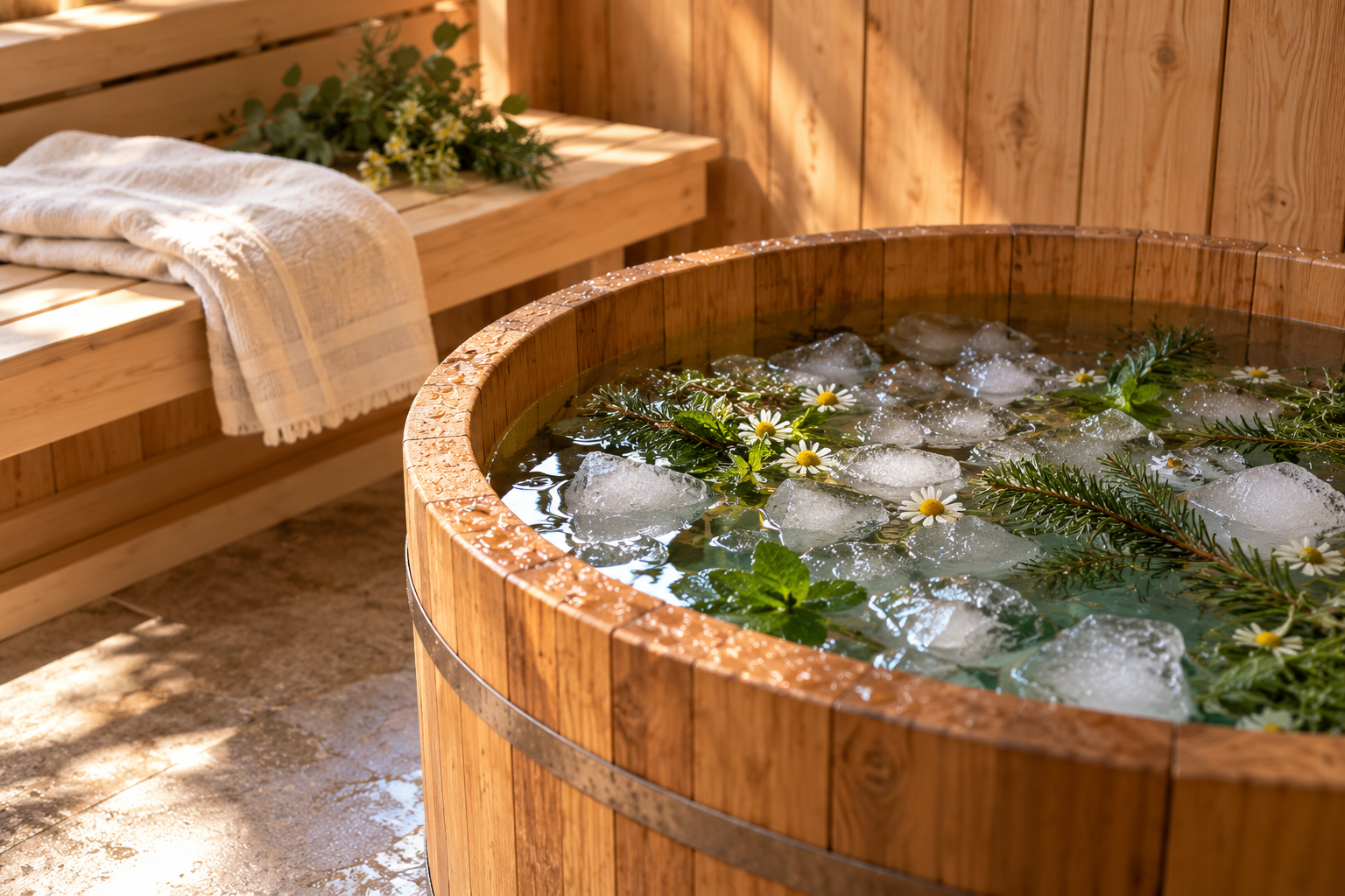 cold-plunge-round-banya-session Wooden tub of cold water with ice and herb sprigs beside an ivory towel, ready for the cold round of a banya session